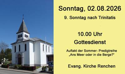Plakat: links Kirche von Renchen rechts auf gelben Hintergrund der Hinweis zum nächsten Gottesdienst