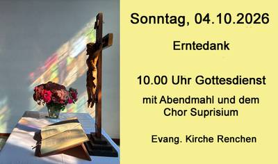 Plakat: links Kirche von Renchen rechts auf gelben Hintergrund der Hinweis zum nächsten Gottesdienst