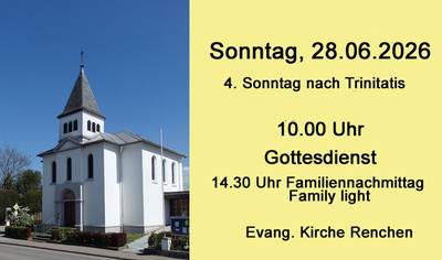 Plakat: links Kirche von Renchen rechts auf gelben Hintergrund der Hinweis zum nächsten Gottesdienst