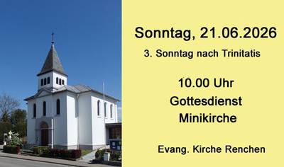Plakat: links Kirche von Renchen rechts auf gelben Hintergrund der Hinweis zum nächsten Gottesdienst