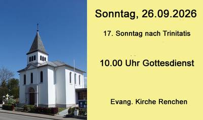 Plakat: links Kirche von Renchen rechts auf gelben Hintergrund der Hinweis zum nächsten Gottesdienst