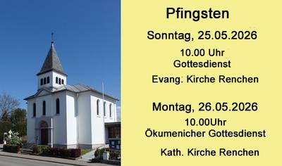 Plakat: links Kirche von Renchen rechts auf gelben Hintergrund der Hinweis zum nächsten Gottesdienst