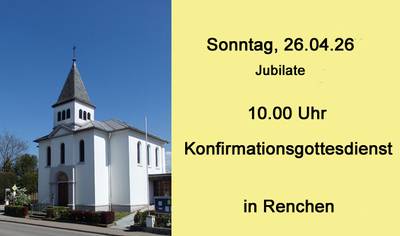 Plakat: links Kirche von Renchen rechts auf gelben Hintergrund der Hinweis zum nächsten Gottesdienst