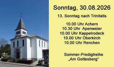 Plakat: links Kirche von Renchen rechts auf gelben Hintergrund der Hinweis zum nächsten Gottesdienst