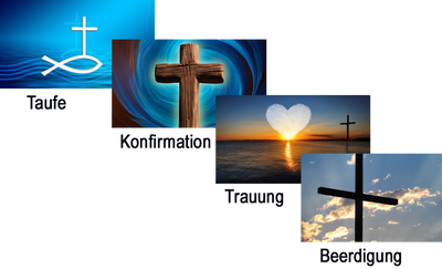 Bildcollage nach rechts unten gestaffelt-Taufe, Konfirmation Trauung und Beerdigung