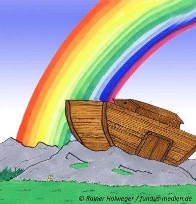 Vorne ein kleines Stück Wiese, dann 2-3 Berge, Felsen Darauf die Arche Noah (Holzschiff) und darüber ein großer Regenbogen. Dahinter ein leicht Hell bis bläulich Lila der Himmel